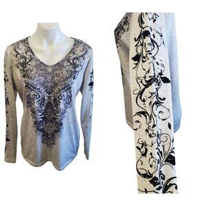 CB Established Gray Y2K Fairy Goth Studded Damask Floral Print Long Sleeve L
